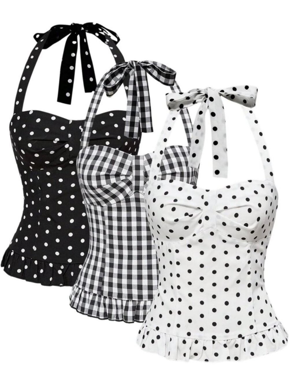 3 Pack Women's Halter Tank Tops - Polka Dots & Gingham - Summer Style Essentials